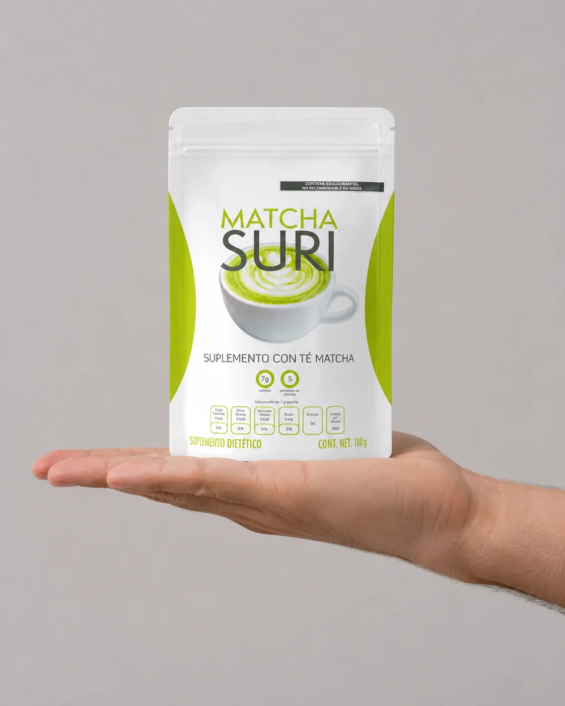 Matcha Suri — the package held in a hand