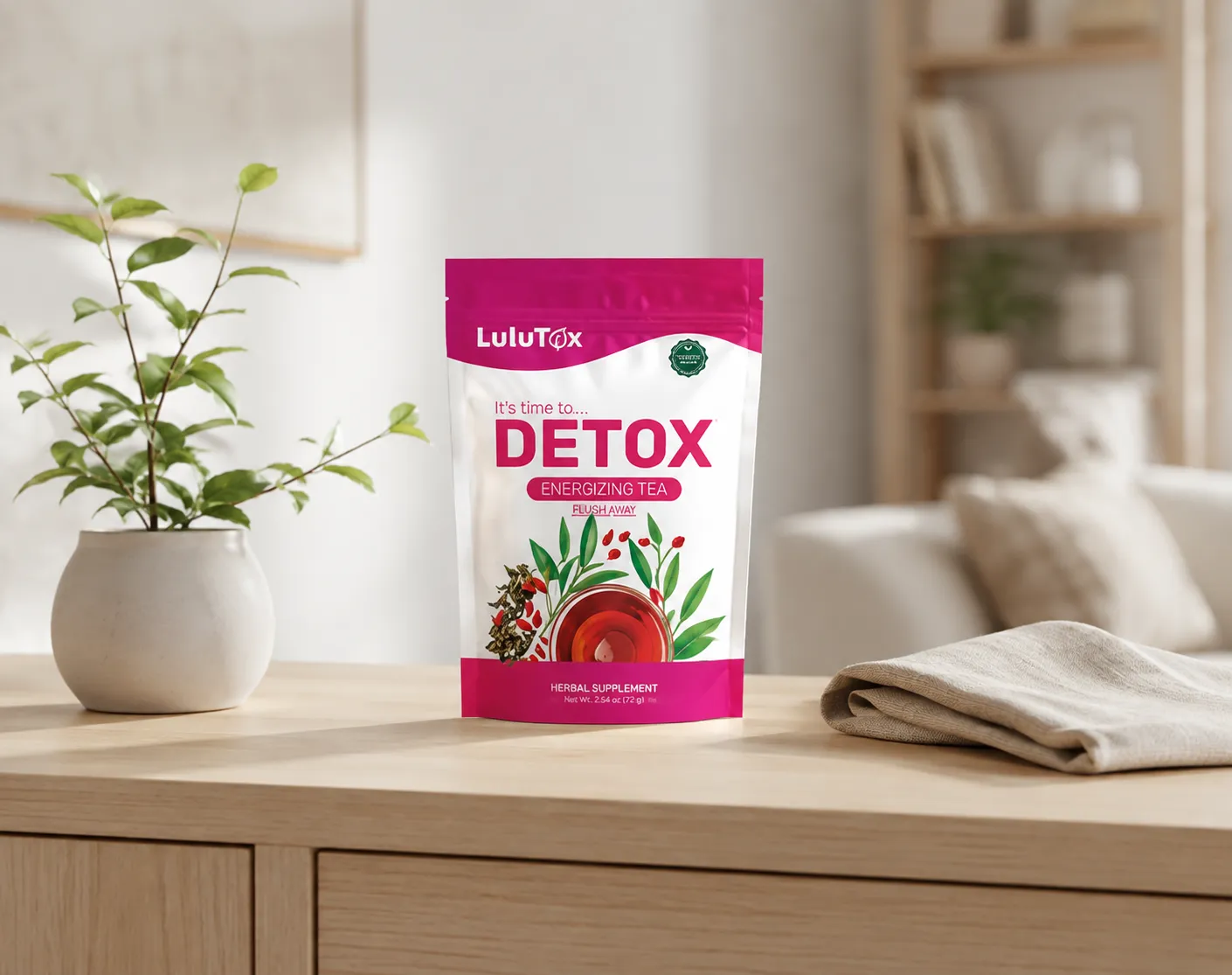 Lulutox Detox Tea — the package in everyday use